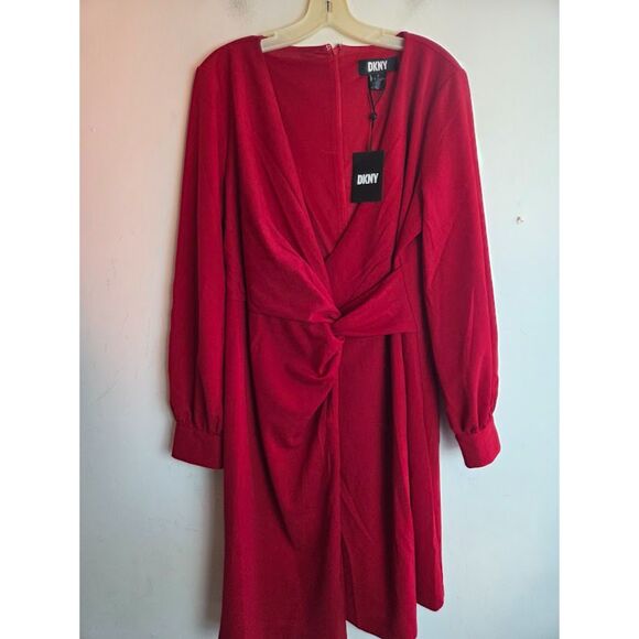 NWT DKNY Red V-Neck Faux Wrap Long Sleeve Semi Formal/Cocktail Dress size 16 - Picture 2 of 9